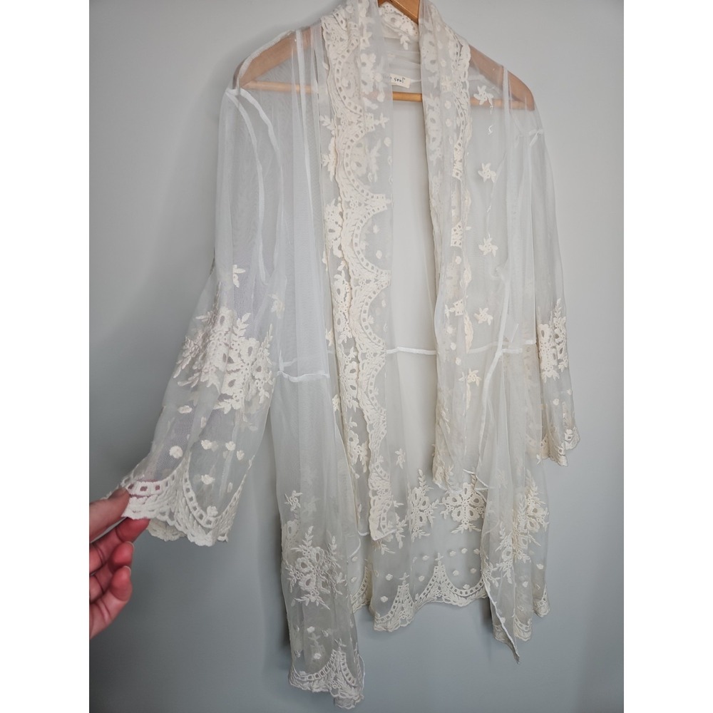 Indigo Soul Mesh Embroidered Crochet Cardigan L Ivory Boho Western Coverup Rodeo - Picture 6 of 14